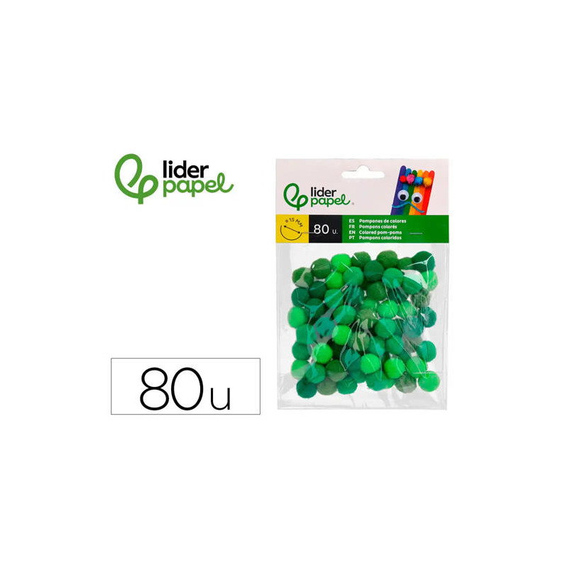 POMPONES DE COLORES LIDERPAPEL 1,5 CM TONALIDADES VERDES BOLSA CON 80 UNIDADES