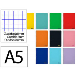 CUADERNO ESPIRAL LIDERPAPEL DIN A5 SMART TAPA BLANDA 80H 75GR CUADRO 8MM CON MARGEN COLORES SURTIDOS