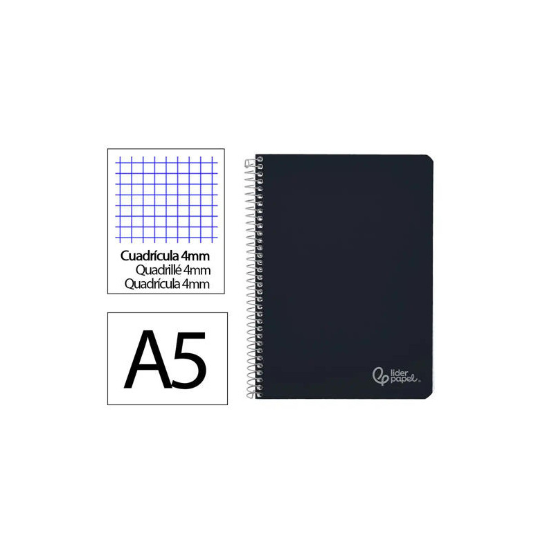 CUADERNO ESPIRAL LIDERPAPEL DIN A5 WITTY TAPA DURA 80H 90GR CUADRO 4MM CON MARGEN COLOR NEGRO
