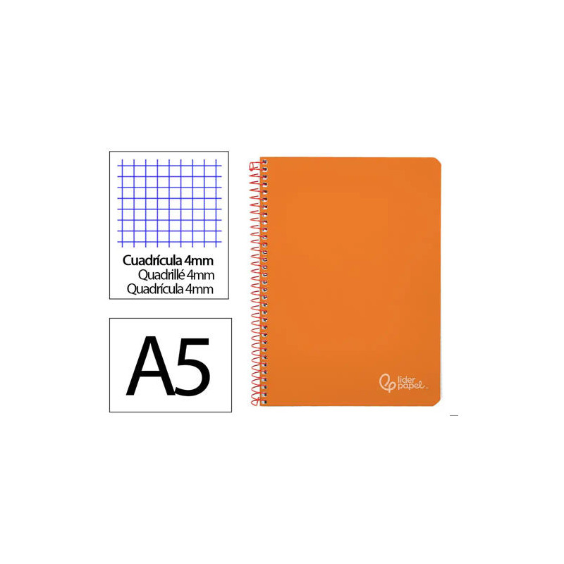 CUADERNO ESPIRAL LIDERPAPEL DIN A5 WITTY TAPA DURA 80H 90GR CUADRO 4MM CON MARGEN COLOR NARANJA