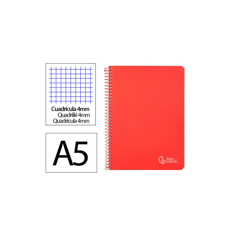 CUADERNO ESPIRAL LIDERPAPEL DIN A5 WITTY TAPA DURA 80H 90GR CUADRO 4MM CON MARGEN COLOR ROJO