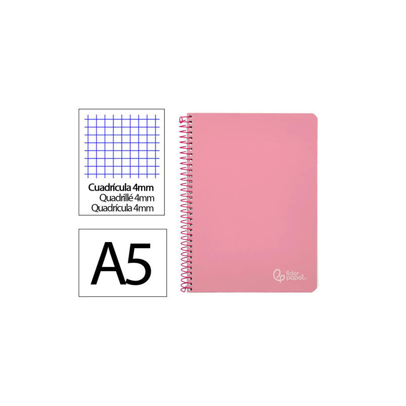 CUADERNO ESPIRAL LIDERPAPEL DIN A5 WITTY TAPA DURA 80H 90GR CUADRO 4MM CON MARGEN COLOR ROSA