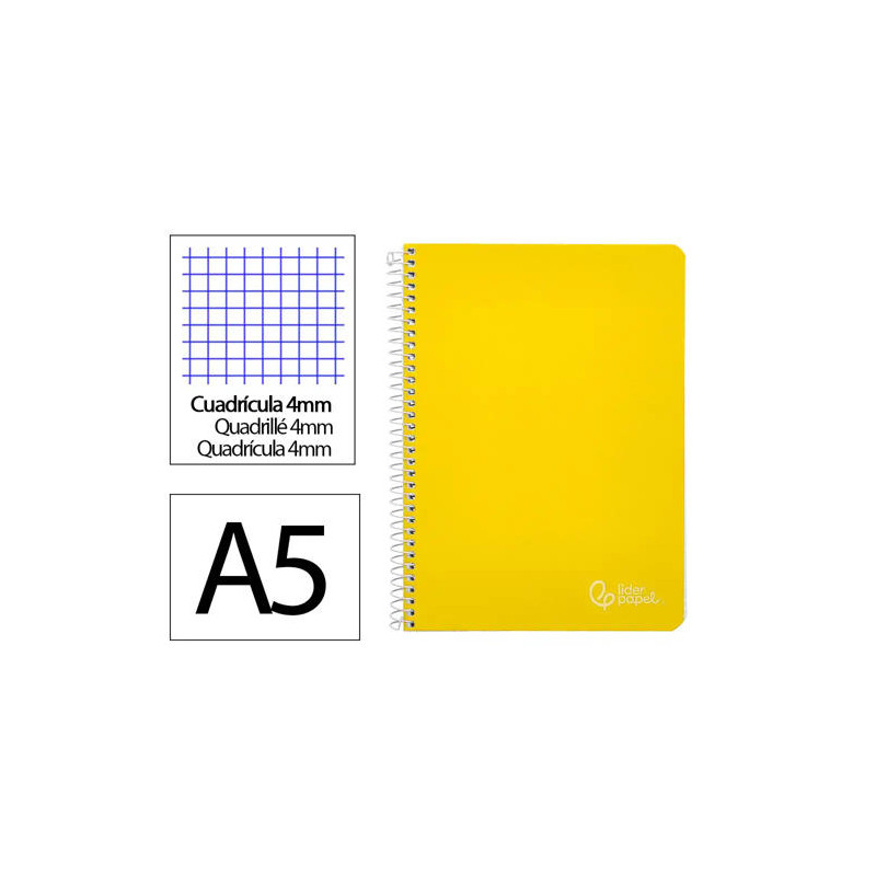 CUADERNO ESPIRAL LIDERPAPEL DIN A5 WITTY TAPA DURA 80H 90GR CUADRO 4MM CON MARGEN COLOR AMARILLO