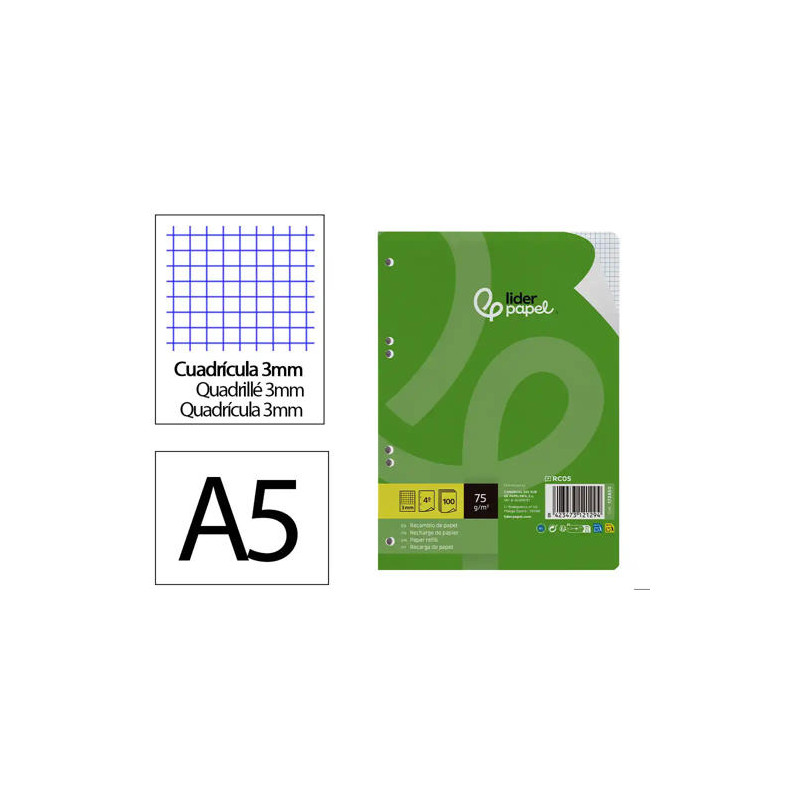 RECAMBIO LIDERPAPEL DIN A5 100 HOJAS 75 GR CUADRO 3MM CON MARGEN 6 TALADROS