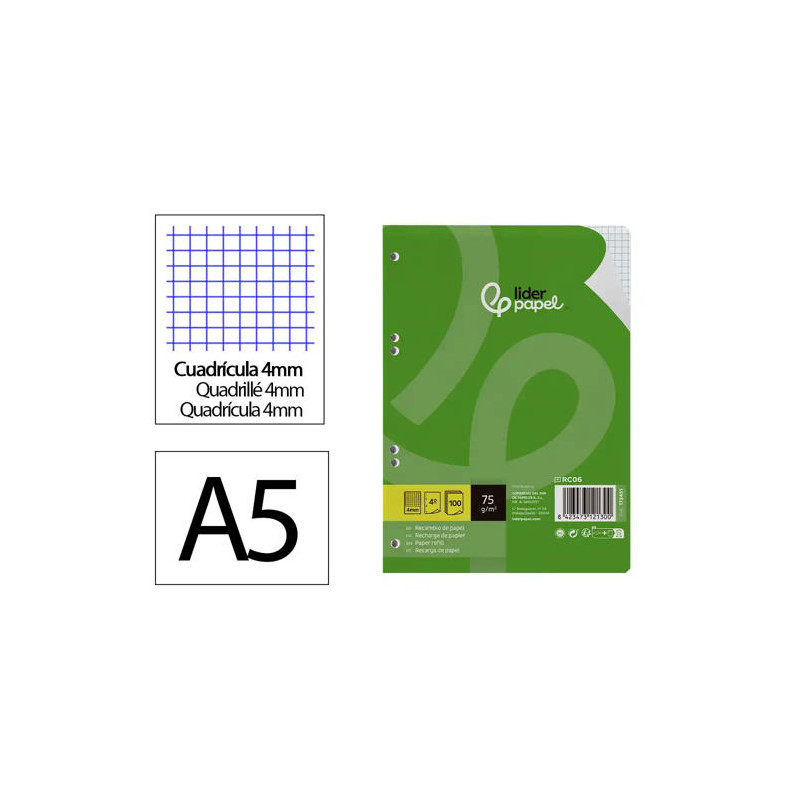 RECAMBIO LIDERPAPEL DIN A5 100 HOJAS 75 GR CUADRO 4MM CON MARGEN 6 TALADROS