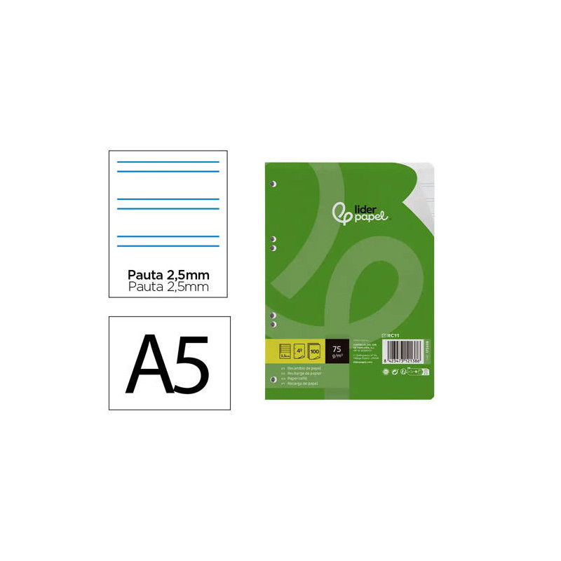 RECAMBIO LIDERPAPEL DIN A5 100 HOJAS 75 GR PAUTA 5 2.5MM CON MARGEN 6 TALADROS