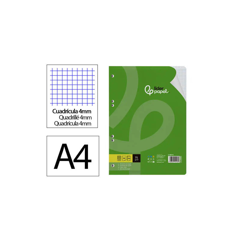 RECAMBIO LIDERPAPEL DIN A4 100 HOJAS 75 GR CUADRO 4 MM CON MARGEN 16 TALADROS