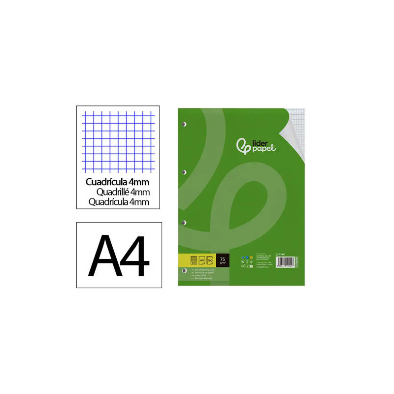 RECAMBIO LIDERPAPEL DIN A4 100 HOJAS 75 GR CUADRO 4 MM CON MARGEN 4 TALADROS
