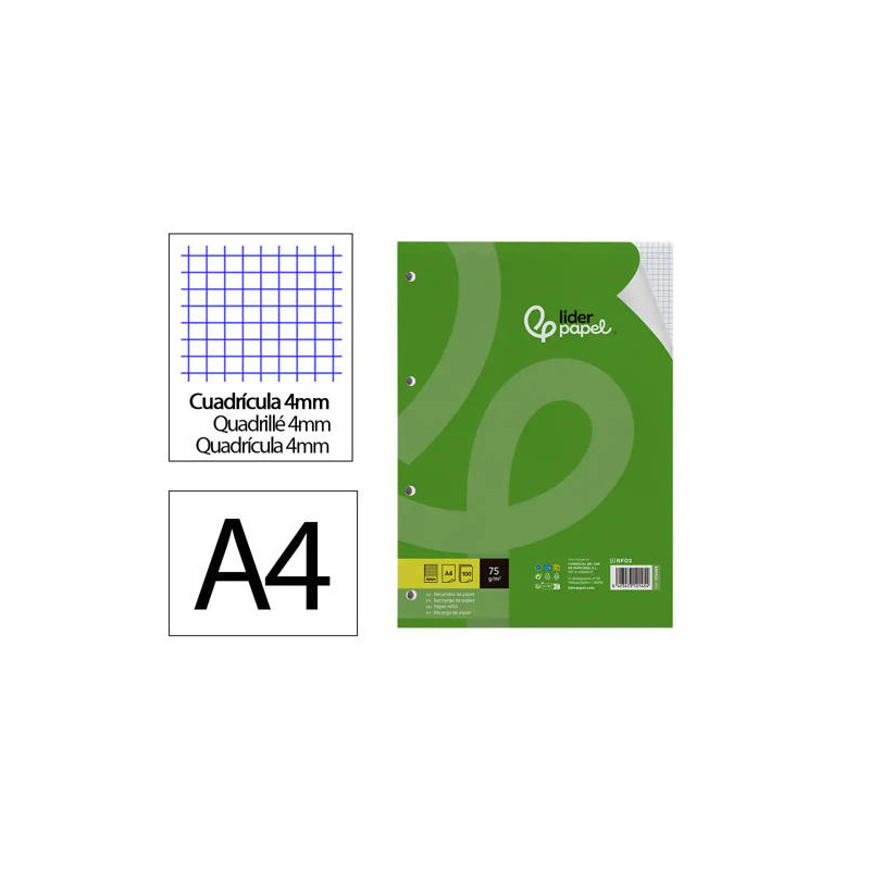 RECAMBIO LIDERPAPEL DIN A4 100 HOJAS 75 GR CUADRO 4 MM CON MARGEN SIN TALADROS