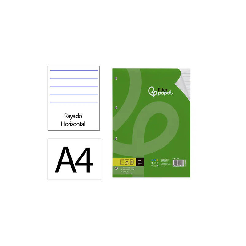 RECAMBIO LIDERPAPEL DIN A4 100 HOJAS 75 GR HORIZONTAL CON MARGEN 4 TALADROS