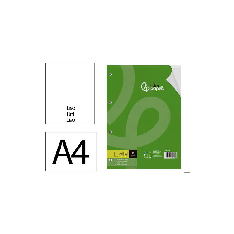 RECAMBIO LIDERPAPEL DIN A4 100 HOJAS 75 GR LISO SIN MARGEN 4 TALADROS