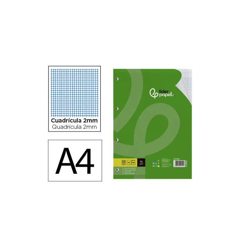 RECAMBIO LIDERPAPEL DIN A4 100 HOJAS 75 GR MILIMETRADO SIN MARGEN 4 TALADROS