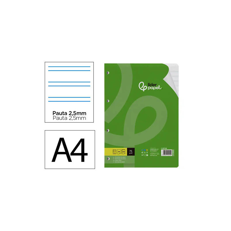RECAMBIO LIDERPAPEL DIN A4 100 HOJAS 75 GR PAUTA 5 2.5MM CON MARGEN 4 TALADROS