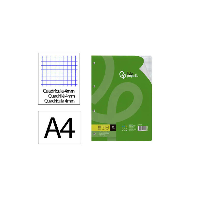 RECAMBIO LIDERPAPEL DIN A4 80 HOJAS 75G/M2 CUADRO 4 MM CON MARGEN 4 TALADROS