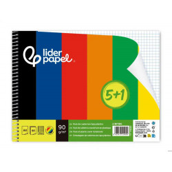 CUADERNO ESPIRAL LIDERPAPEL DIN A4 TAPA POLIPROPILENO 80H 90GR CUADRO 4MM CON MARGEN PACK 5+1 COLORE