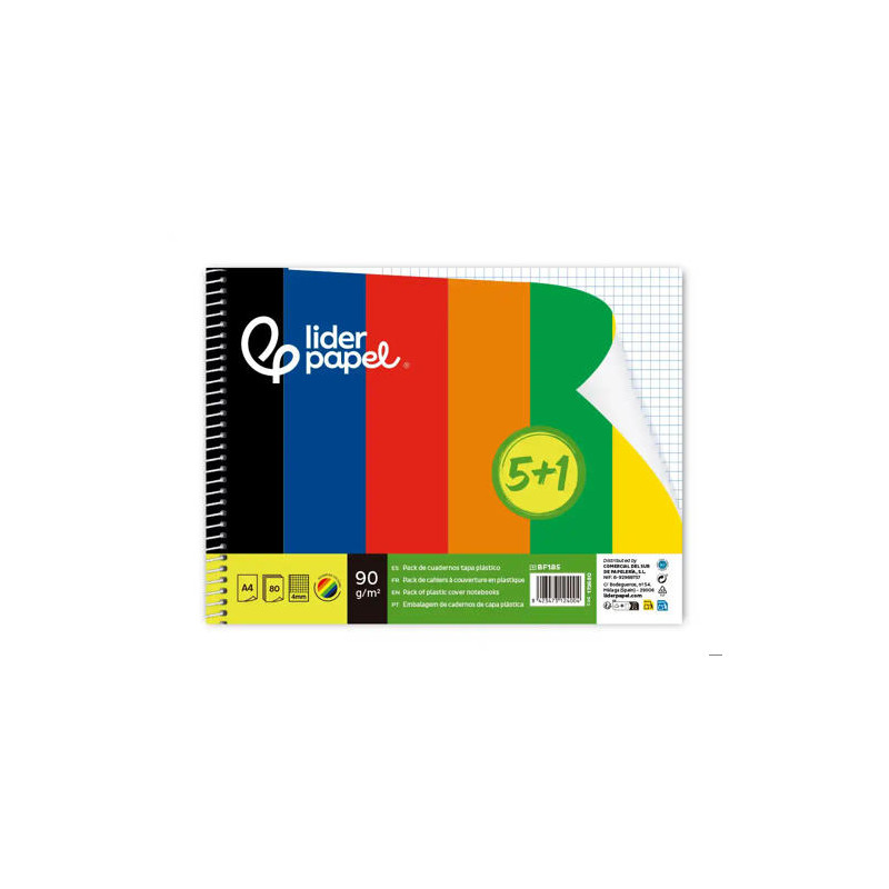 CUADERNO ESPIRAL LIDERPAPEL DIN A4 TAPA POLIPROPILENO 80H 90GR CUADRO 4MM CON MARGEN PACK 5+1 COLORE