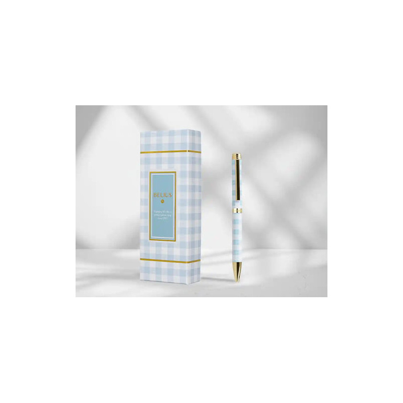 ROLLER BELIUS PERFECT PICNIC DAY ALUMINIO AZUL CELESTE DORADO TINTA COLOR NEGRO CAJA DE DISEÑO