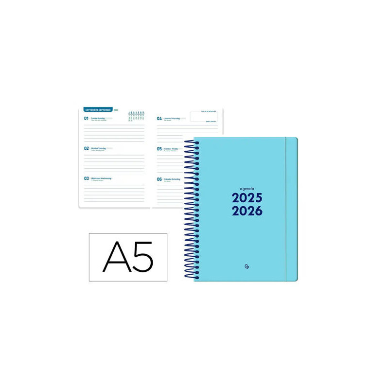 AGENDA ESCOLAR LIDERPAPEL 25-26 ESPIRAL BASIC AZUL SEMANA VISTA A5 BILINGE PAPELFSC 70 GR