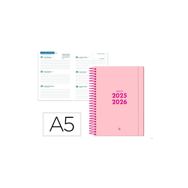 AGENDA ESCOLAR LIDERPAPEL 25-26 ESPIRAL BASIC ROSA SEMANA VISTA A5 BILINGE PAPELFSC 70 GR