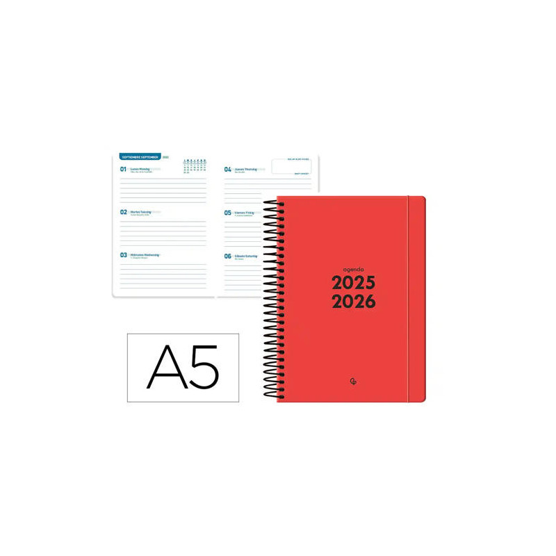 AGENDA ESCOLAR LIDERPAPEL 25-26 ESPIRAL BASIC ROJO SEMANA VISTA A5 BILINGE PAPELFSC 70 GR