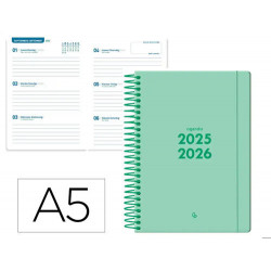 AGENDA ESCOLAR LIDERPAPEL 25-2 6 ESPIRAL BASIC VERDE MENTA SEMANA VISTA A5 BILINGE PAPELFSC 70 GR
