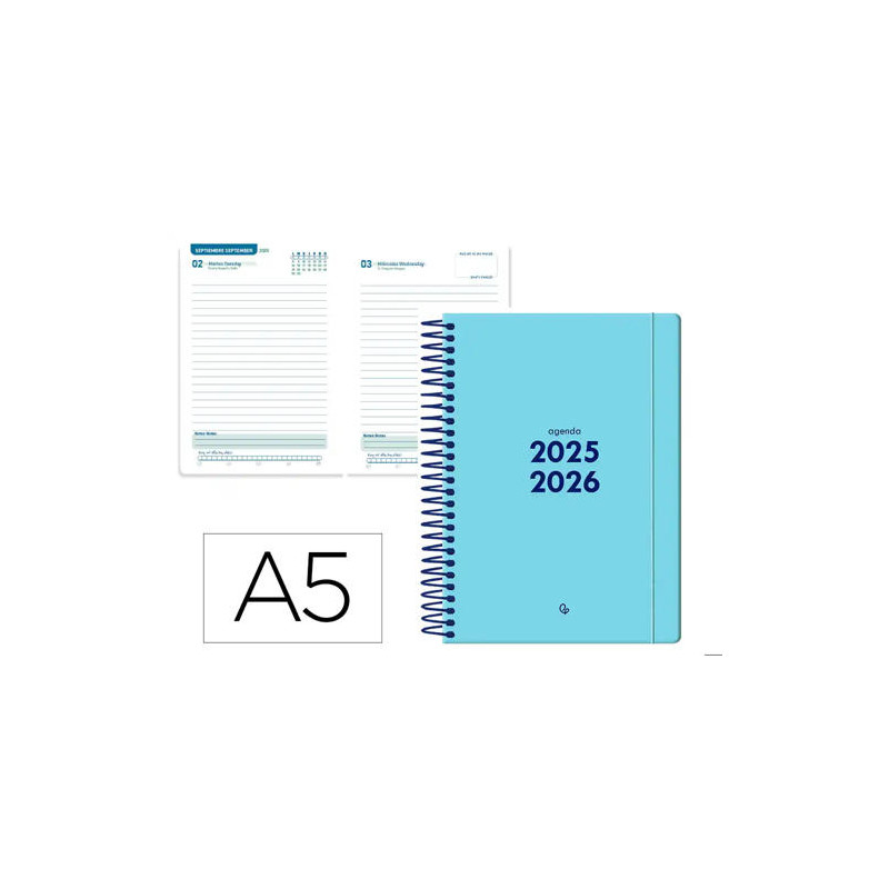 AGENDA ESCOLAR LIDERPAPEL 25-26 ESPIRAL BASIC AZUL DIA PAGINA A5 BILINGE PAPEL FSC 70 GR