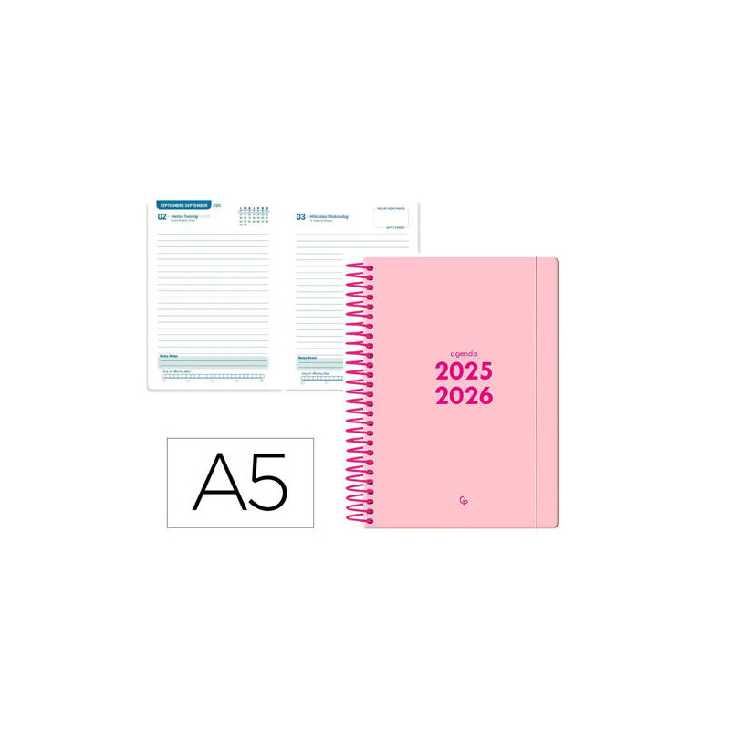 AGENDA ESCOLAR LIDERPAPEL 25-26 ESPIRAL BASIC ROSA DIA PAGINA A5 BILINGE PAPEL FSC 70 GR