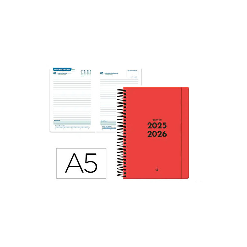 AGENDA ESCOLAR LIDERPAPEL 25-26 ESPIRAL BASIC ROJO DIA PAGINA A5 BILINGE PAPEL FSC 70 GR FSC 70 GR