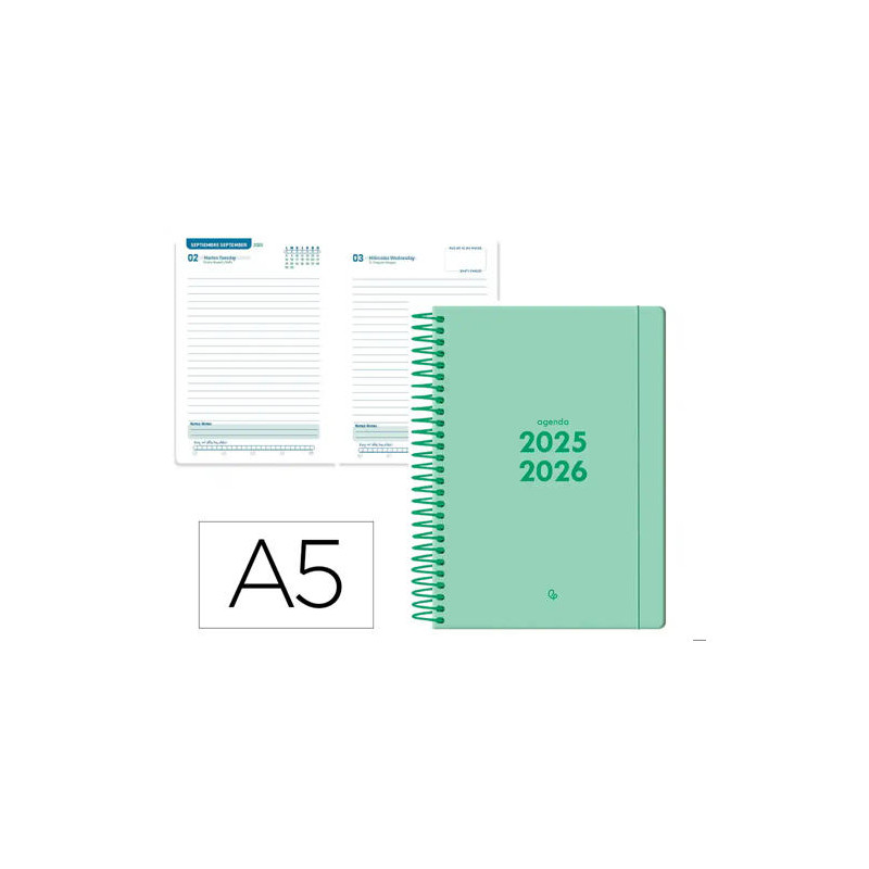 AGENDA ESCOLAR LIDERPAPEL 25-26 ESPIRAL BASIC VERDE MENTA DIA PAGINA A5 BILINGE PAPEL FSC 70 GR
