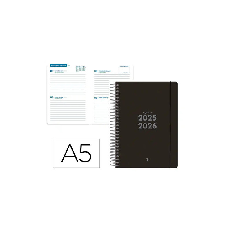 AGENDA ESCOLAR LIDERPAPEL 25-26 ESPIRAL BASIC NEGRO 2 DIAS PAGINA A5 BILINGE PAPEL FSC 70 GR