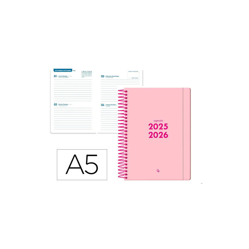 AGENDA ESCOLAR LIDERPAPEL 25-26 ESPIRAL BASIC ROSA 2 DIAS PAGINA A5 BILINGE PAPEL FSC 70 GR