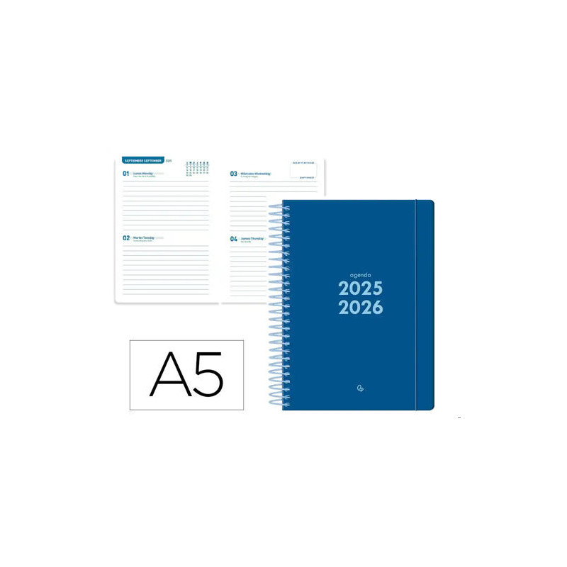 AGENDA ESCOLAR LIDERPAPEL 25-26 ESPIRAL BASIC AZUL OSCURO 2 DIAS PAGINA A5 BILINGE PAPEL FSC 70 GR