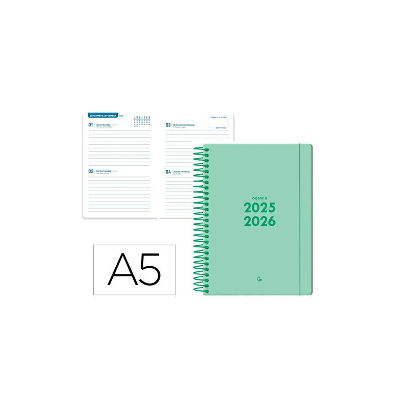 AGENDA ESCOLAR LIDERPAPEL 25-26 ESPIRAL BASIC VERDE MENTA 2 DIAS PAGINA A5 BILINGE PAPEL FSC 70 GR