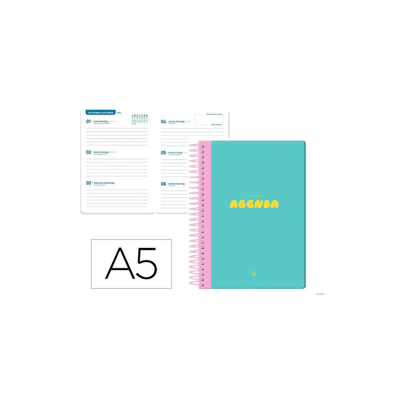AGENDA ESCOLAR LIDERPAPEL 25-2 6 ESPIRAL CLASSIC AZUL TURQUESA SEMANA VISTA A5 BILINGE PAPEL FSC 70