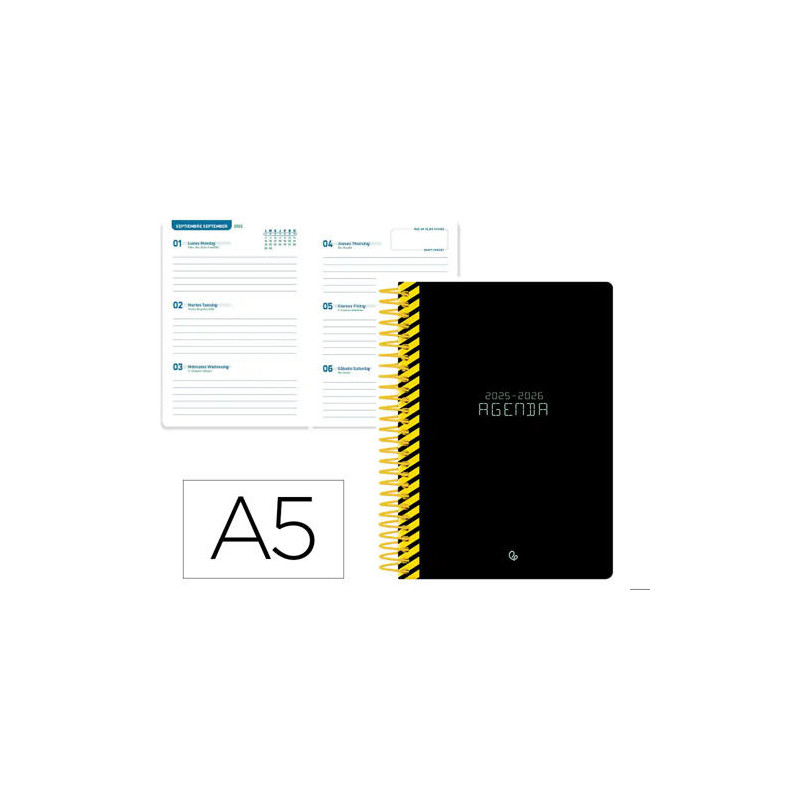 AGENDA ESCOLAR LIDERPAPEL 25-26 ESPIRAL CLASSIC NEGRO SEMANA VISTA A5 BILINGE PAPELFSC 70 GR