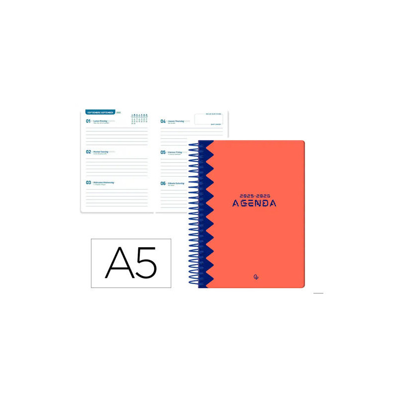 AGENDA ESCOLAR LIDERPAPEL 25-26 ESPIRAL CLASSIC ROJO SEMANA VISTA A5 BILINGE PAPELFSC 70 GR