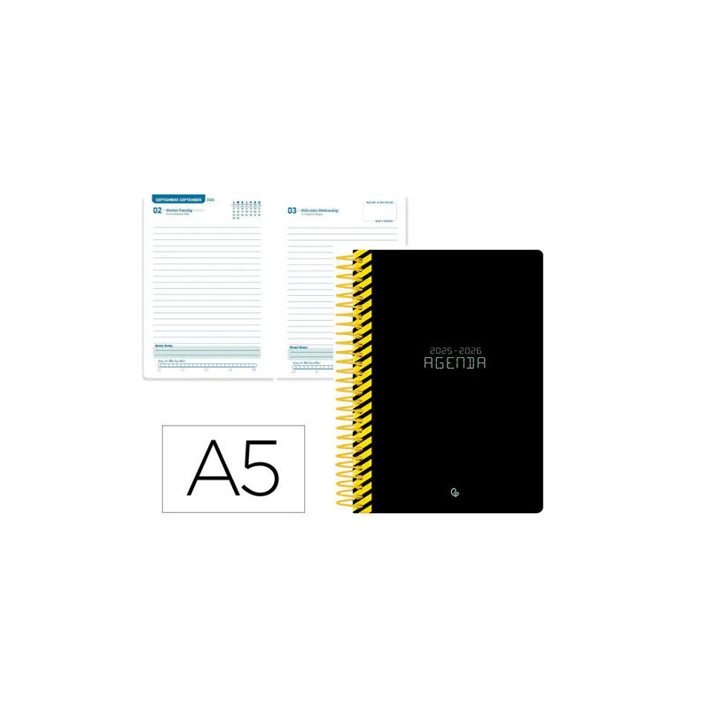 AGENDA ESCOLAR LIDERPAPEL 25-26 ESPIRAL CLASSIC NEGRO DIA PAGINA A5 BILINGE PAPEL FSC 70 GR
