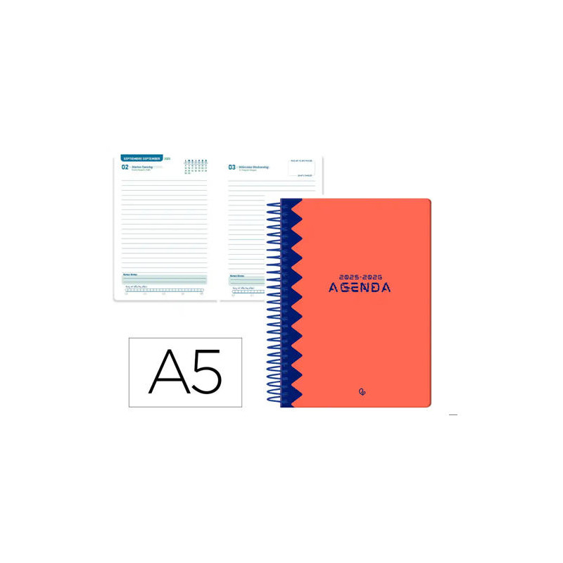 AGENDA ESCOLAR LIDERPAPEL 25-26 ESPIRAL CLASSIC ROJO DIA PAGINA A5 BILINGE PAPEL FSC 70 GR