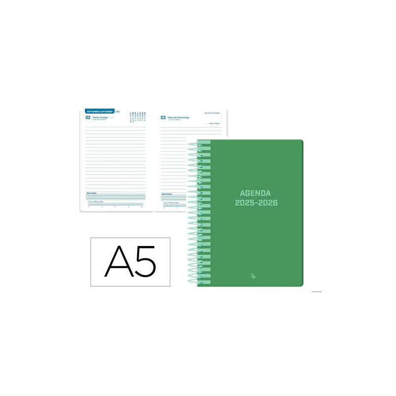 AGENDA ESCOLAR LIDERPAPEL 25-26 ESPIRAL CLASSIC VERDE DIA PAGINA A5 BILINGE PAPEL FSC 70 GR
