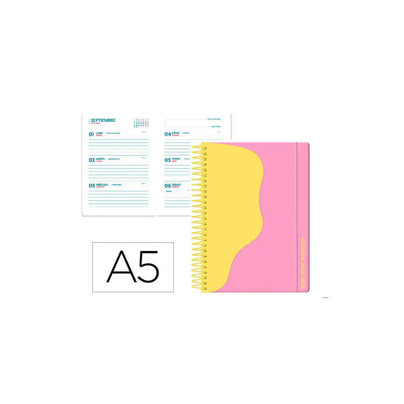 AGENDA ESCOLAR LIDERPAPEL 25-26 ESPIRAL WAVES ROSA SEMANA VISTA A5 BILINGE PAPELFSC 80 GR
