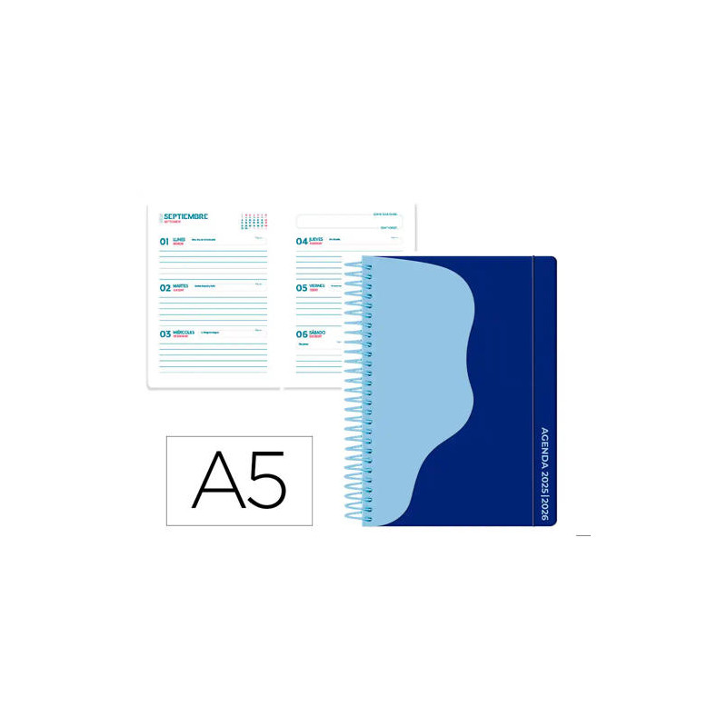 AGENDA ESCOLAR LIDERPAPEL 25-26 ESPIRAL WAVES AZUL OSCU RO SEMANA VISTA A5 BILINGE PAPEL FSC 80 GR