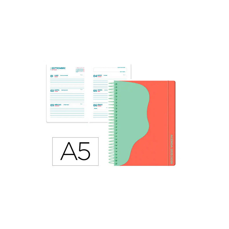 AGENDA ESCOLAR LIDERPAPEL 25-26 ESPIRAL WAVES ROJO SEMANA VISTA A5 BILINGE PAPELFSC 80 GR