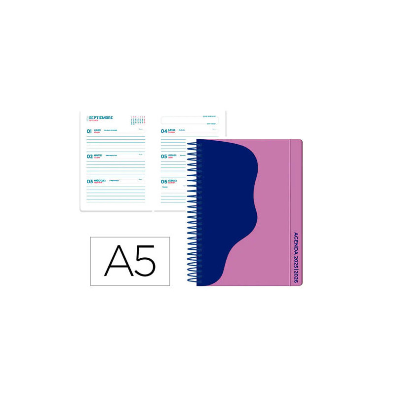 AGENDA ESCOLAR LIDERPAPEL 25-26 ESPIRAL WAVES MORADO SEMANA VISTA A5 BILINGE PAPELFSC 80 GR