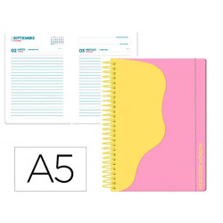 AGENDA ESCOLAR LIDERPAPEL 25-26 ESPIRAL WAVES ROSA DIA PAGINA A5 BILINGE PAPEL FSC 80 GR