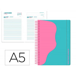 AGENDA ESCOLAR LIDERPAPEL 25-26 ESPIRAL WAVES AZUL TURQUESA DIA PAGINA A5 BILINGE PAPEL FSC 80 GR