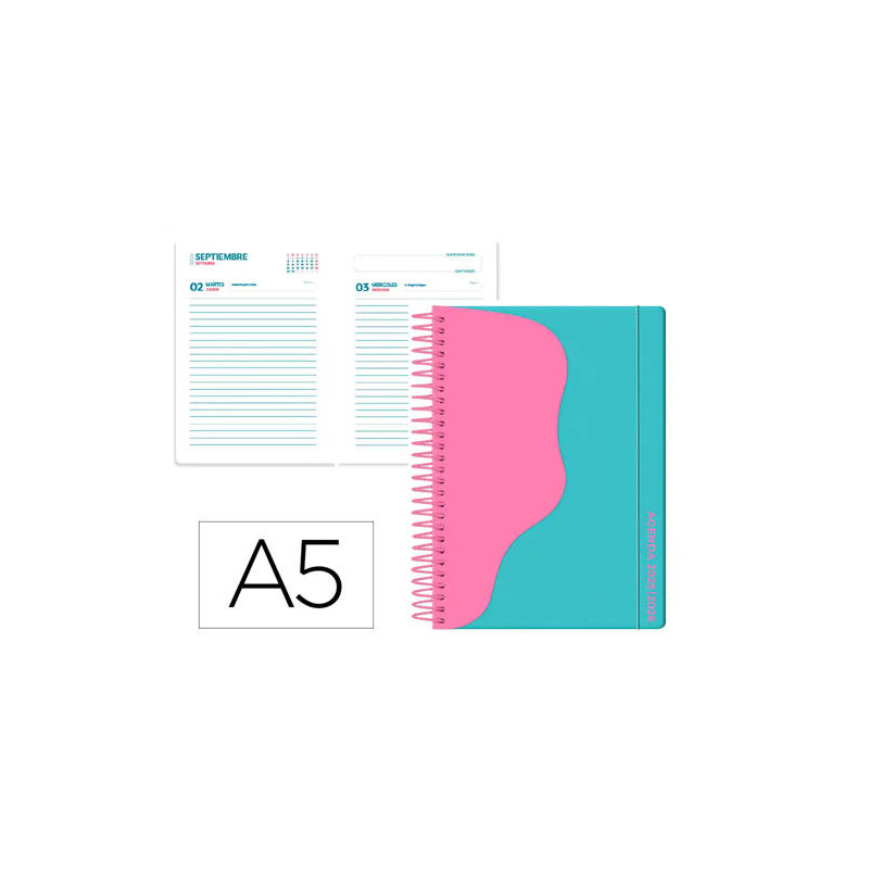 AGENDA ESCOLAR LIDERPAPEL 25-26 ESPIRAL WAVES AZUL TURQUESA DIA PAGINA A5 BILINGE PAPEL FSC 80 GR