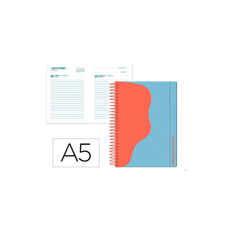 AGENDA ESCOLAR LIDERPAPEL 25-26 ESPIRAL WAVES AZUL DIA PAGINA A5 BILINGE PAPEL FSC 80 GR