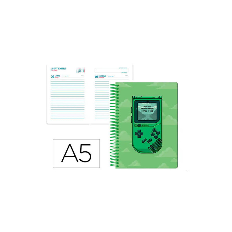 AGENDA ESCOLAR LIDERPAPEL 25-26 ESPIRAL GAME ON VERDE DIA PAGINA A5 BILINGE PAPEL FSC 80 GR