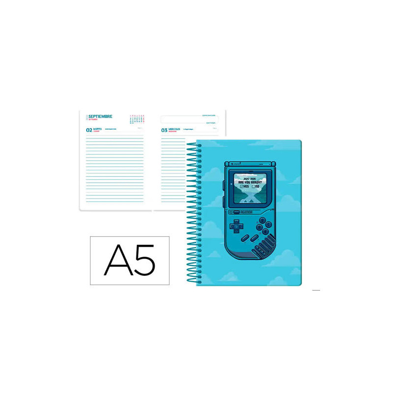 AGENDA ESCOLAR LIDERPAPEL 25-26 ESPIRAL GAME ON AZUL DIA PAGINA A5 BILINGE PAPEL FSC 80 GR