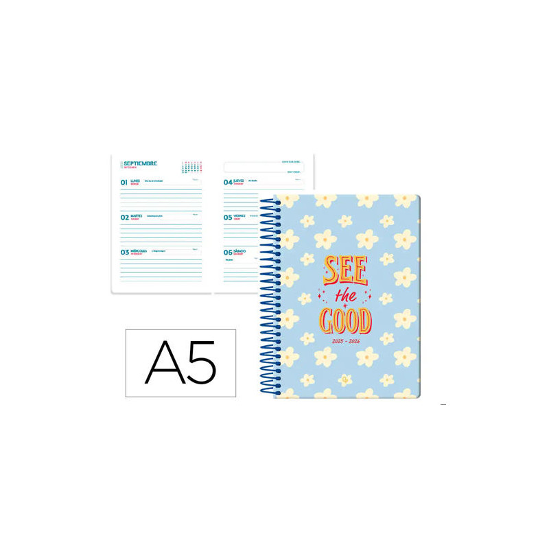 AGENDA ESCOLAR LIDERPAPEL 25-26 ESPIRAL PETITE FLORES SEMANA VISTA A5 BILINGE PAPELFSC 80 GR